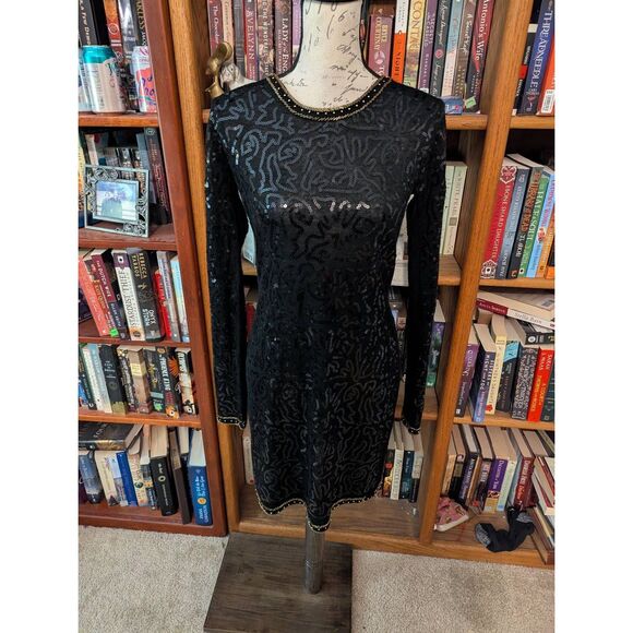 Mng wool and silk black sequin long sleeve cocktail  dress sz m euc low back - Picture 2 of 8